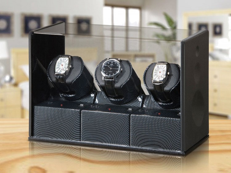 Арт P-03C-C. Шкатулка для подзавода 3-х часов. Цвет карбон. Boxy. 