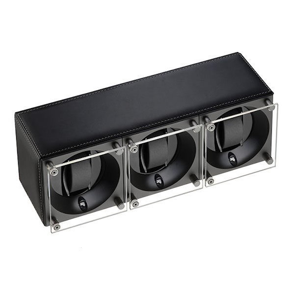Masterbox collection. Masterbox Black leather & Black stitches trio. Бокс для 3-х часов с автоподзаводом. Swiss Kubik, Швейцария.