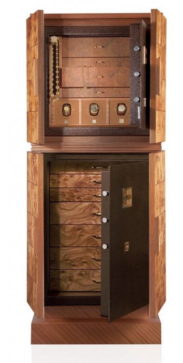 Арт.9089 TOCCO MAGICO. Сейф-шкаф из корневища вяза и красного дерева для часов и драгоценностей. Agresti Италия.  