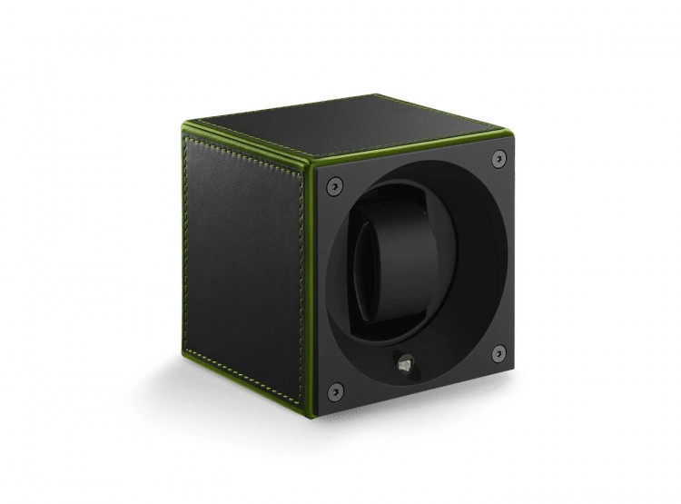 Masterbox collection. Masterbox Black Leather Green Edge & Stitches. Бокс для 1-х часов с автоподзаводом. Swiss Kubik, Швейцария.
