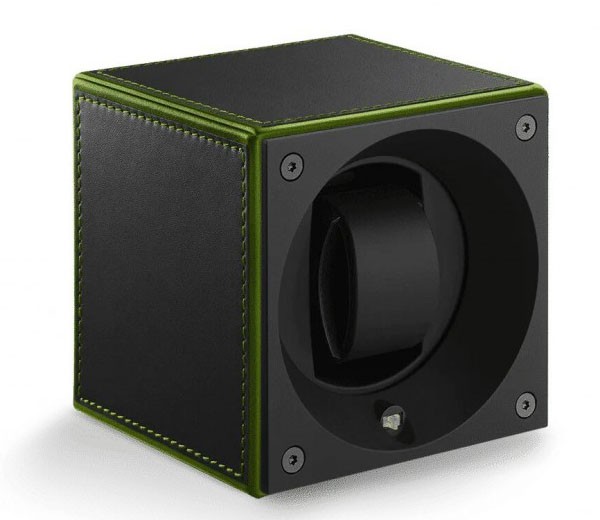 Masterbox collection. Masterbox Black Leather Green Edge & Stitches. Бокс для 1-х часов с автоподзаводом. Swiss Kubik, Швейцария.