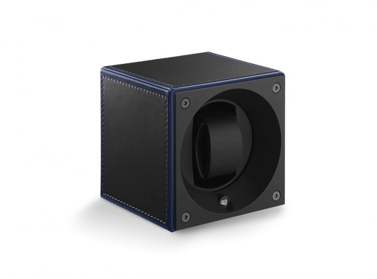 Masterbox collection. Masterbox Black Leather – Blue edge & stitches. Бокс для 1-х часов с автоподзаводом. Swiss Kubik, Швейцария.