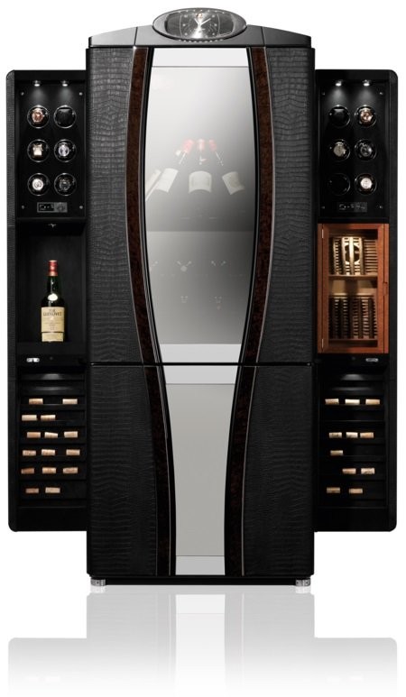 Buben-Zorweg GRAND AFICIONADO. Включает систему подзавода часов, винный бар, сейф, часы, хьюмидор.  